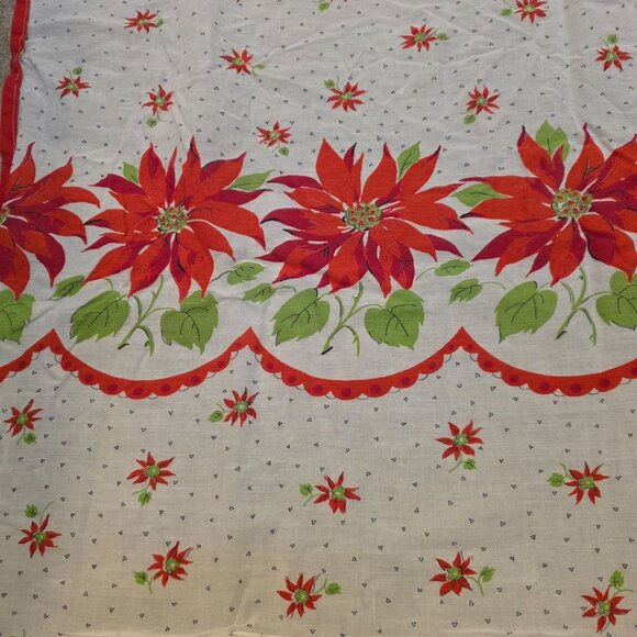 Vintage 50s Cotton Print Tablecloth Christmas poinsettia & Ribbons 63x63" Estate - Picture 2 of 7